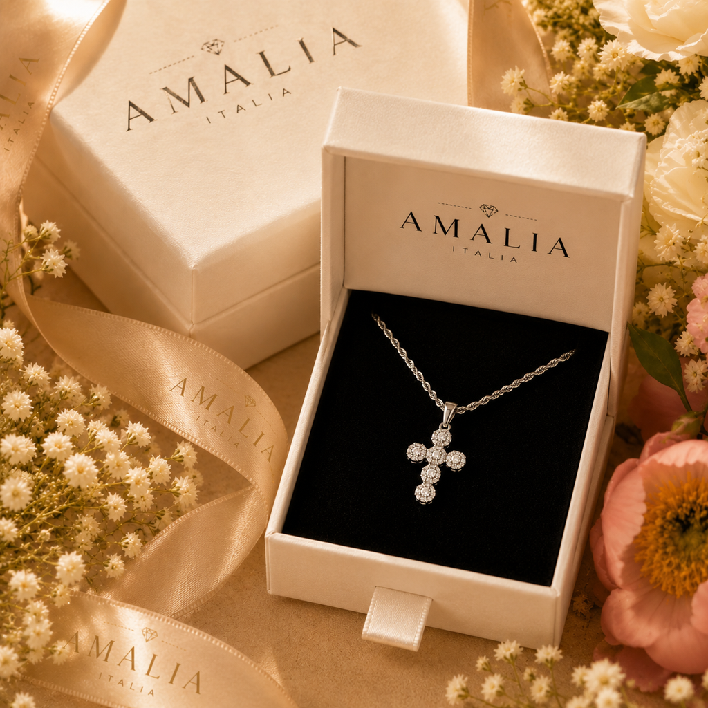 Collana con Ciondolo a Croce - Zirconi in Argento Ipoallergenico
